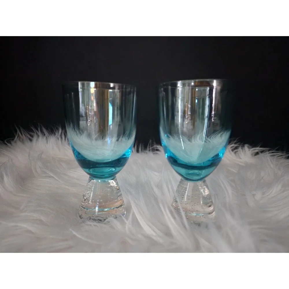 Portuguese Controlled Bubble Blue Cordial Cocktail Glasses Set Of 2